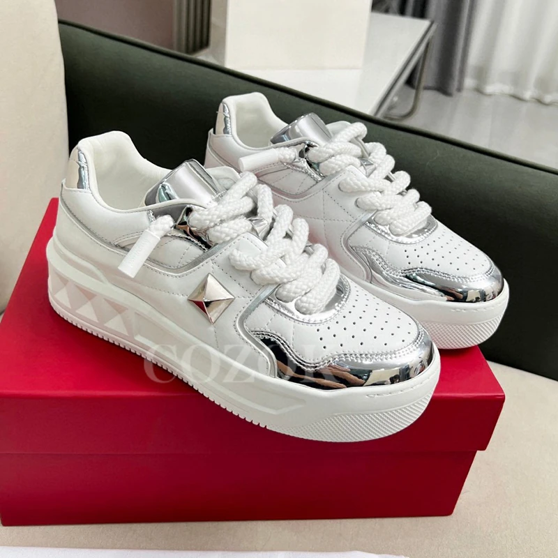 

Trend New Female Leisure Shoes Spring Metal Rivet Decor Thick Bottom Sneakers Breathable Real Leather Material Lovers Shoes