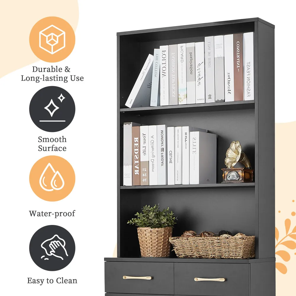 Bathroom Storage Cabinet, Cabinet With Two Doors And Drawers, Adjustable Shelf, Three-layer Open Shelf, MDF Board, Black 4