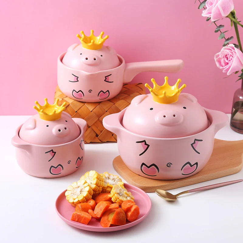 casserole pot Pink Pig High Temperature Resistance Casserole Handle Ceramic Cookware with Crown Pot Cover Kitchen Supplies Soup Pots
