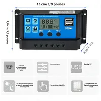 Contrôleur de charge de panneau solaire 12V 24V PWM MPPT 10A 20A 30A, régulateur de charge de batterie automobile, sortie USB 5V, PV max 50V DC 2