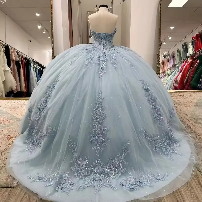 ANGELSBRIDEP Glittering Light Blue Quinceanera Dress With Cape Flower Lace Vestidos De 15 Anos Birthday Party Princess Ball Gown