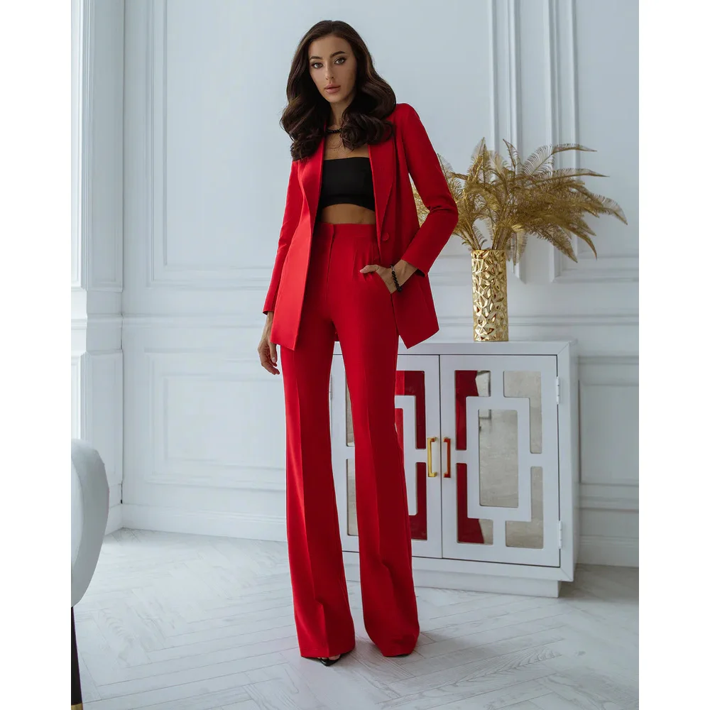 

Роскошные красные однобортные женские костюмы с пиковым отворотом облегающие элегантные женские костюмы из 2 предметов пиджак и брюки офисный полный комплект высокого качества
