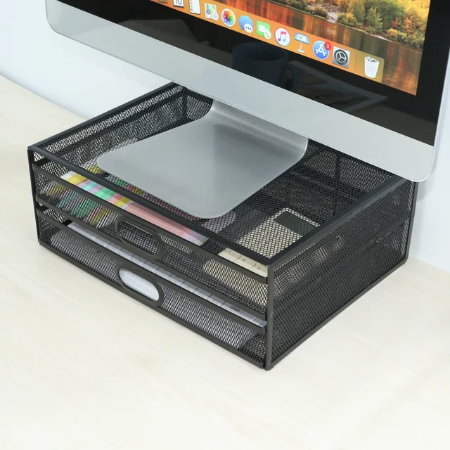 Monitor Stand with Drawer, Monitor Riser Mesh Metal, Desk Organizer, Monitor Stand with Storage, Desktop Computer Stand for PC,