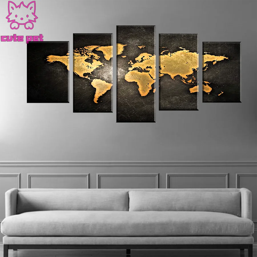

Decor painting artwork golden world map diy 5d diamond painting cross stitch Full square round drill Mosaic embroidery 5PCS