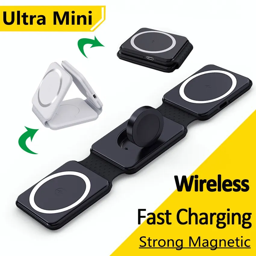 3 in 1 Magnetic Wireless Charger Pad Foldable Phone Chargers Stand For iPhone 14 13 12 Airpods IWatch 7 6 5 Xiaomi