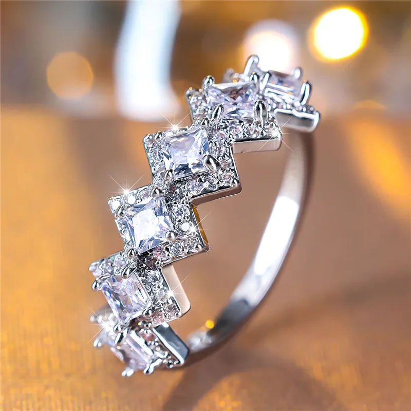 Luxury Female White Square Zircon Stone Engagement Ring Silver Color Summer Wedding Jewelry For Women