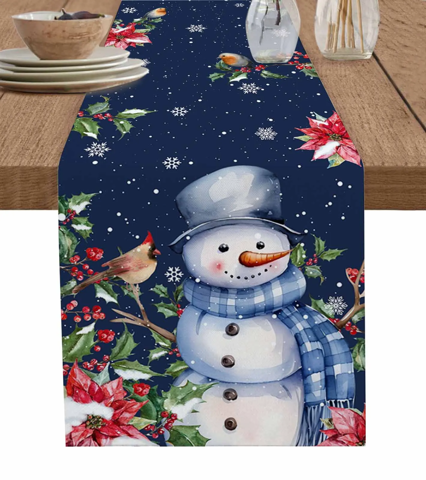 

Christmas Poinsettia Snowflake Snowman Table Runner Wedding Party Decor Table Runner Christmas Dining Table Decor Tablecloth