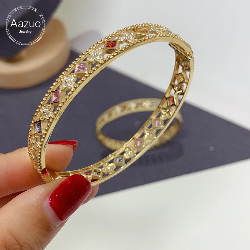 

Aazuo 18K Yellow Gold Natrual Real Diamonds Clour Sapphires Rainbow Flower Bangle For Woman Upscale Trendy Engagement Party