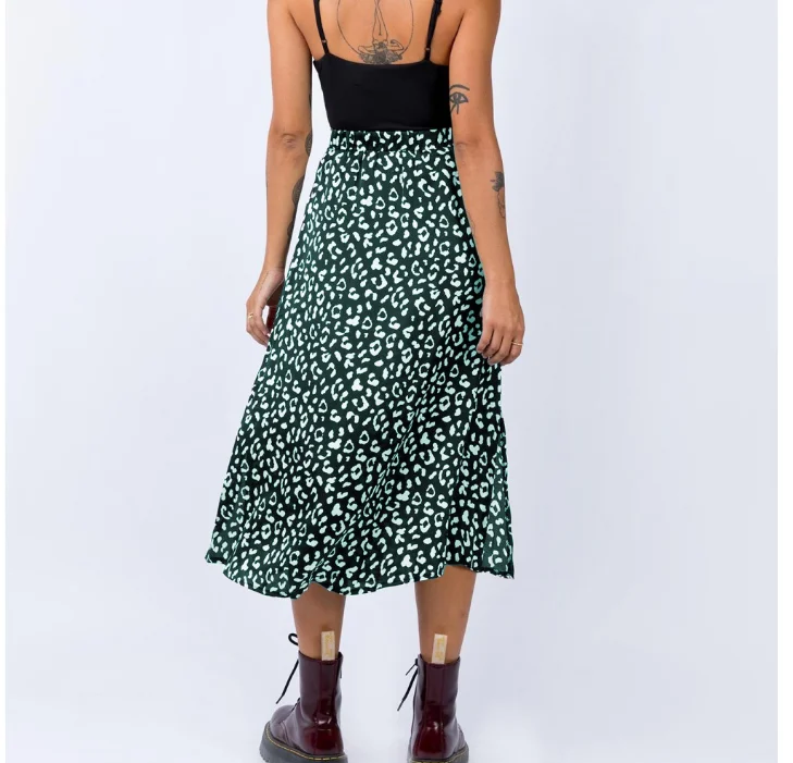 pink skirt 2021 Spring  Summer Cross Border Women's Leopard Chiffon Printed Split Skirt  Sexy Zipper High Waist Mid Length Skirt Green cute skirts