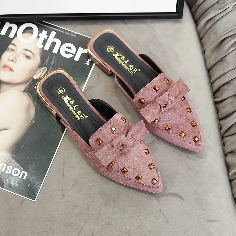 

Sexy Women Slippers Pointed Toe Gold Rivet Mules Slides Backless Suede Leather Ladies Flat Shoes Spring Slides Flip Flop Zapatos