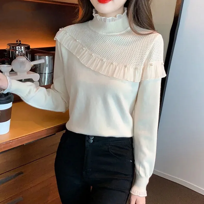 

Women's 2023 Autumn Winter New Solid Color Half High Collar Hollow Out Long Sleeve Pullover Knitted Ruffles Beading Bottom Tops