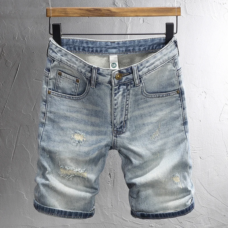 

Summer Fashion Men Jeans Retro Light Blue Stretch Slim Fit Ripped Short Jeans Homme Patched Designer Vintage Denim Shorts Hombre