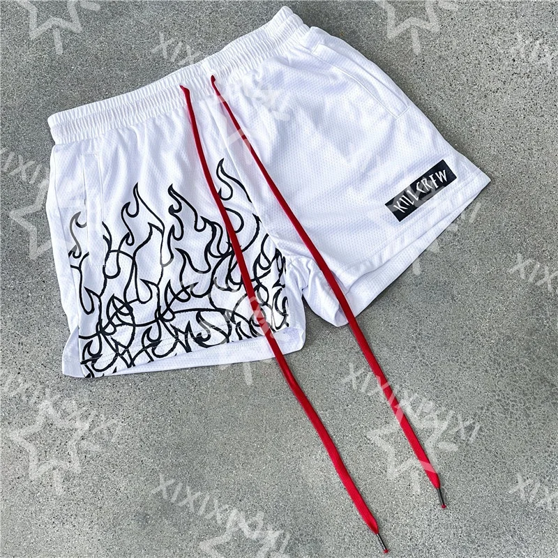 Summer flame print American basketball shorts men's sports fitness training trendy brand summer quick-drying shorts