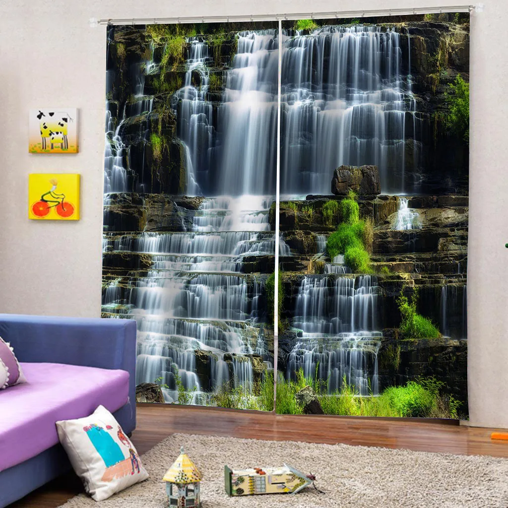 산악 개울 폭포 자연 풍경 커튼, 거실 블라인드, 어린이 침실 욕실 주방 문짝, 홈 데코 