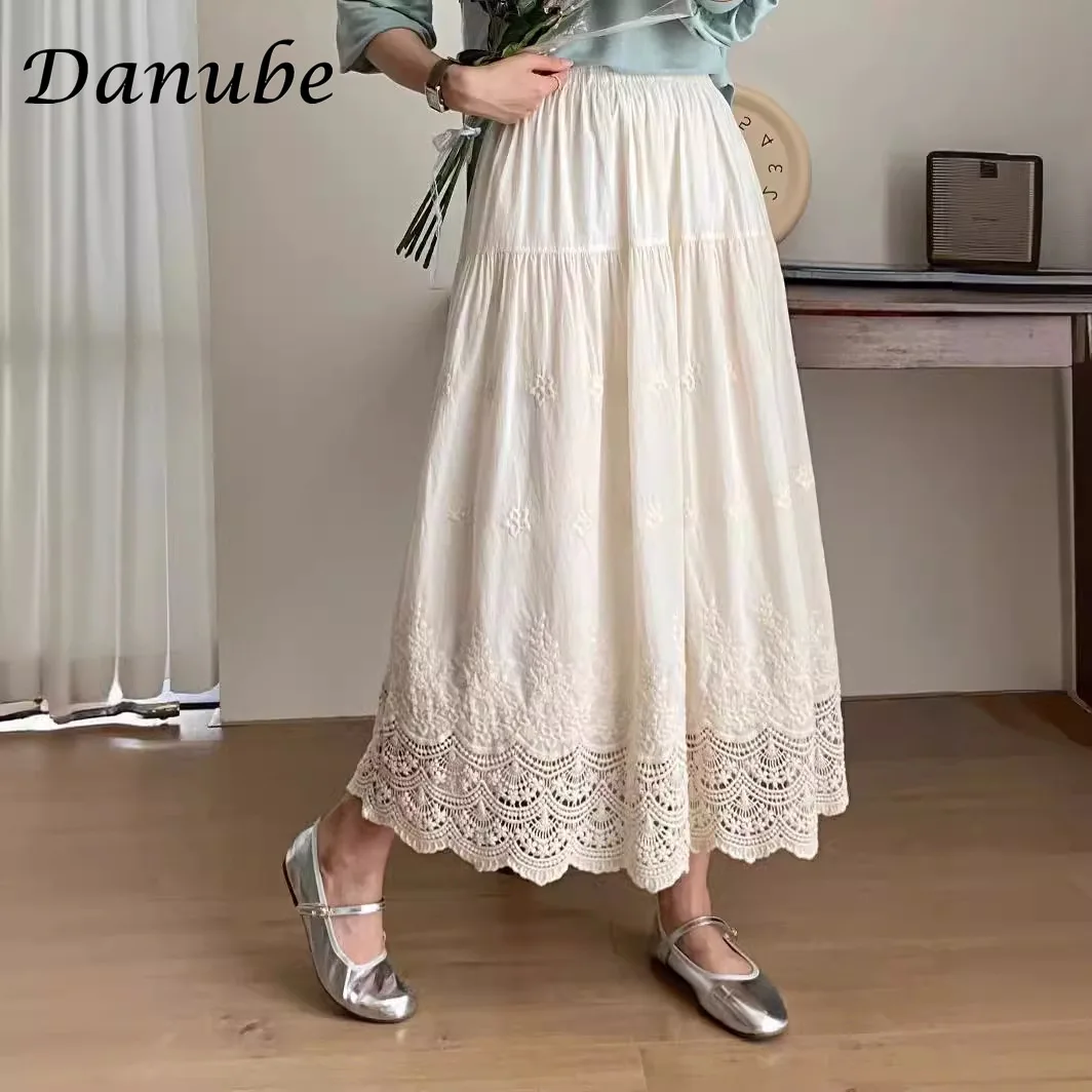 

Women's Casual Cotton Linen Long Skirts Japanese Vintage Lace Elastic Waist Loose Pleated Skirts Female Summer Beach White Skirt