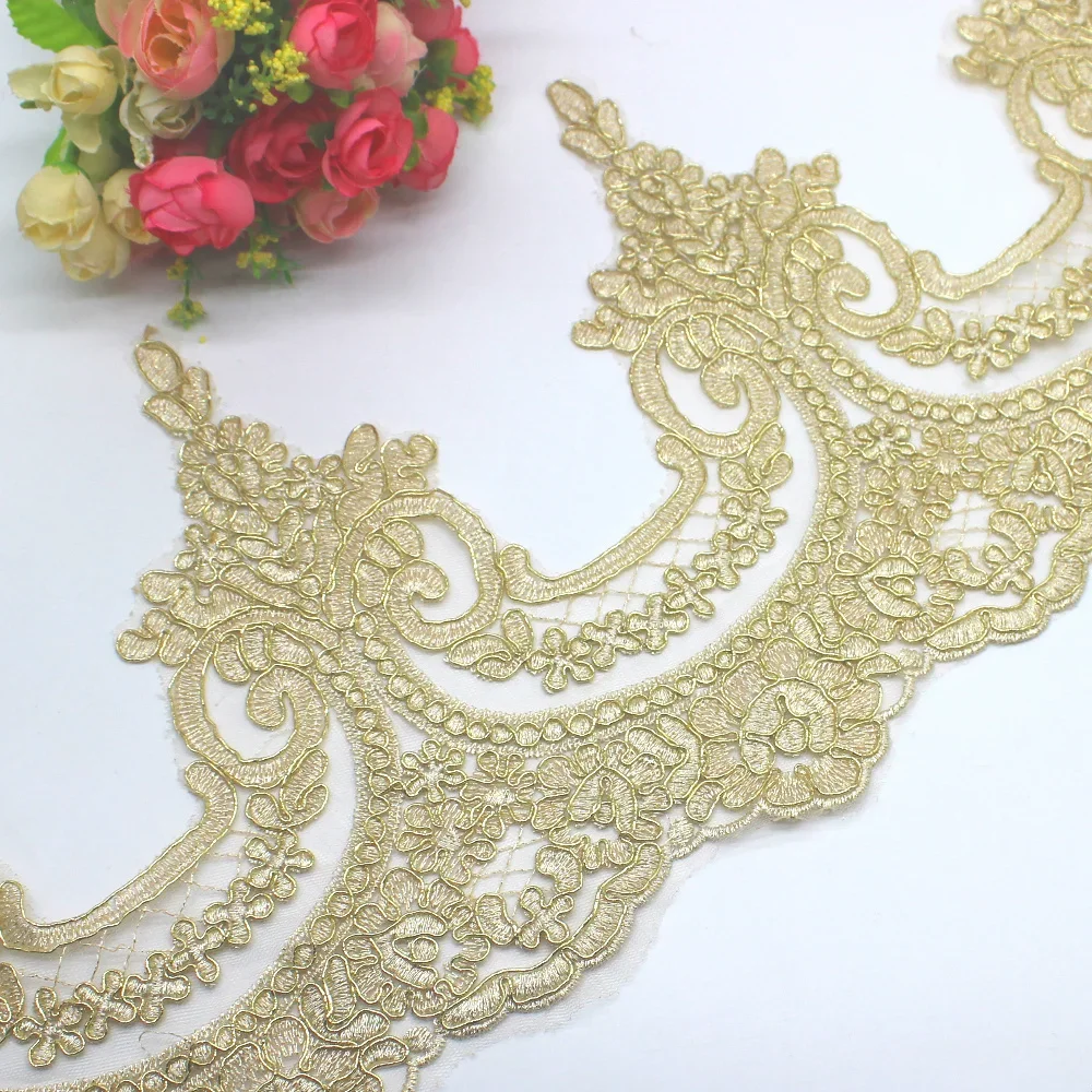 1 ヤードゴールド刺繍レース生地ウェディングドレス Diy