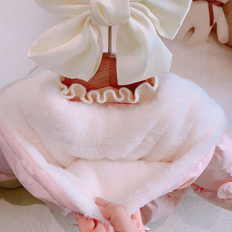 여자 겨울 자켓 코튼 코트 달콤한  공주 따뜻한 사랑스러운 후드 보우 짧은 파카 어린이 유행 두꺼운 아웃웨어