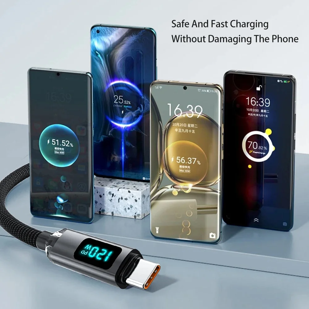 120W USB C to USB C 6A 고속 충전 케이블 (디지털 디스플레이 포함) OPPO, Realme, Huawei, Poco, , iPhone 15 휴대폰용 (1m/1.5m/2m)