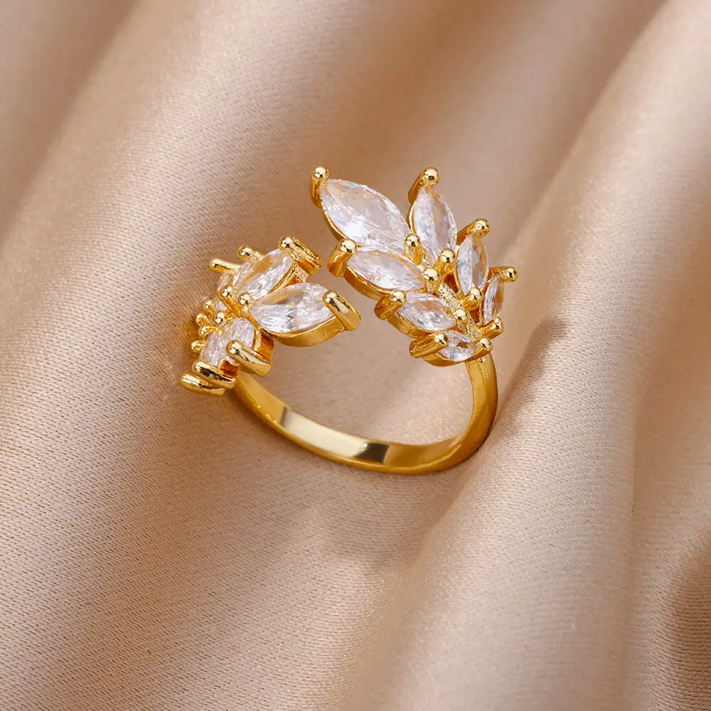 Luxury-White-Leaf-Stainless-Steel-Ring-for-Women-Gold-Color-Open-Finger ...