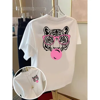 Front and Back Printed T-shirt with Cool Tiger Fashion Glasses Pattern Women Round Neck Short Fashion Daily Basic Tee Top 1