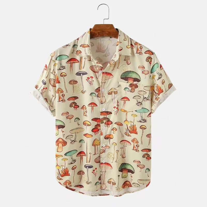 

2023 Winter Men's Lapel Comfortable Casual Shirt New Trend Personality Mushroom Print Loose Hawaiian Short Sleeve Shirt
