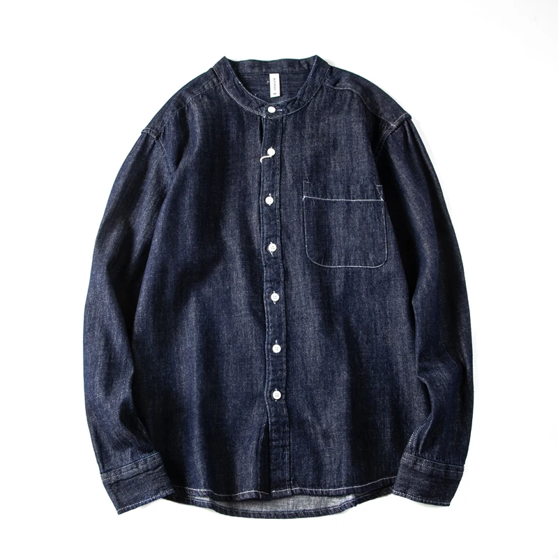 Spring Autumn Casual Loose Washed Denim Collarless Shirts for Men Long Sleeve Japan Vintage Workwear Tops Coats Youth Male