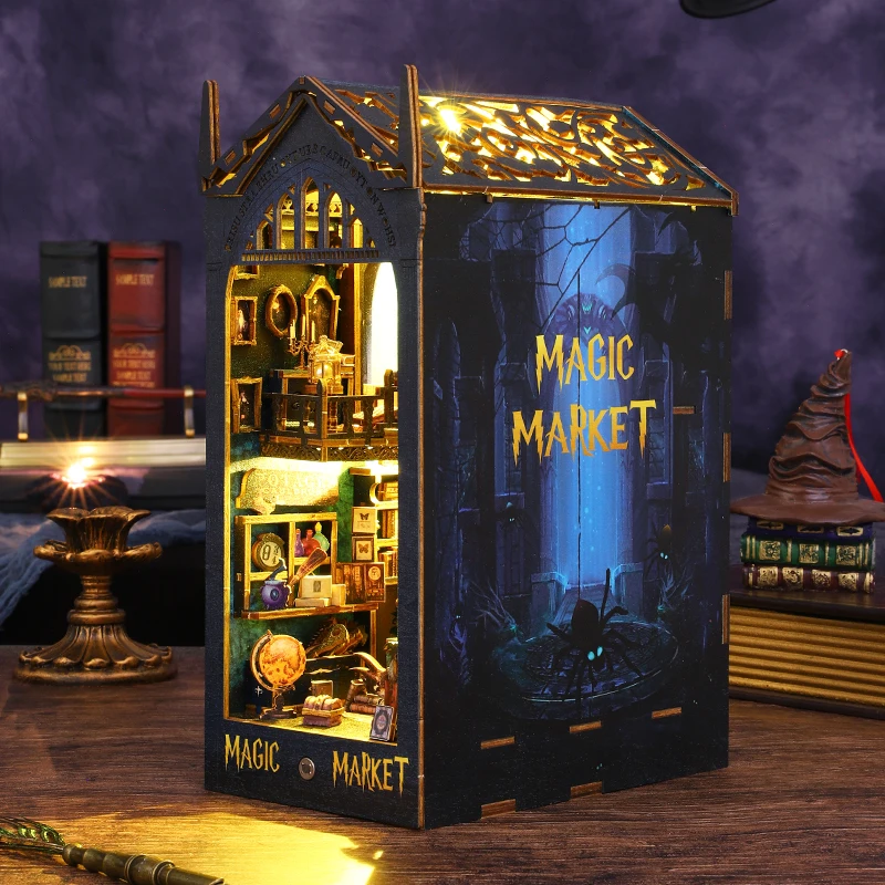NEW DIY Wooden Book Nook Magic Market Doll House Kit with Light 3D Puzzle Bookshelf Assembly Bookend for Adults Birthday Gifts
