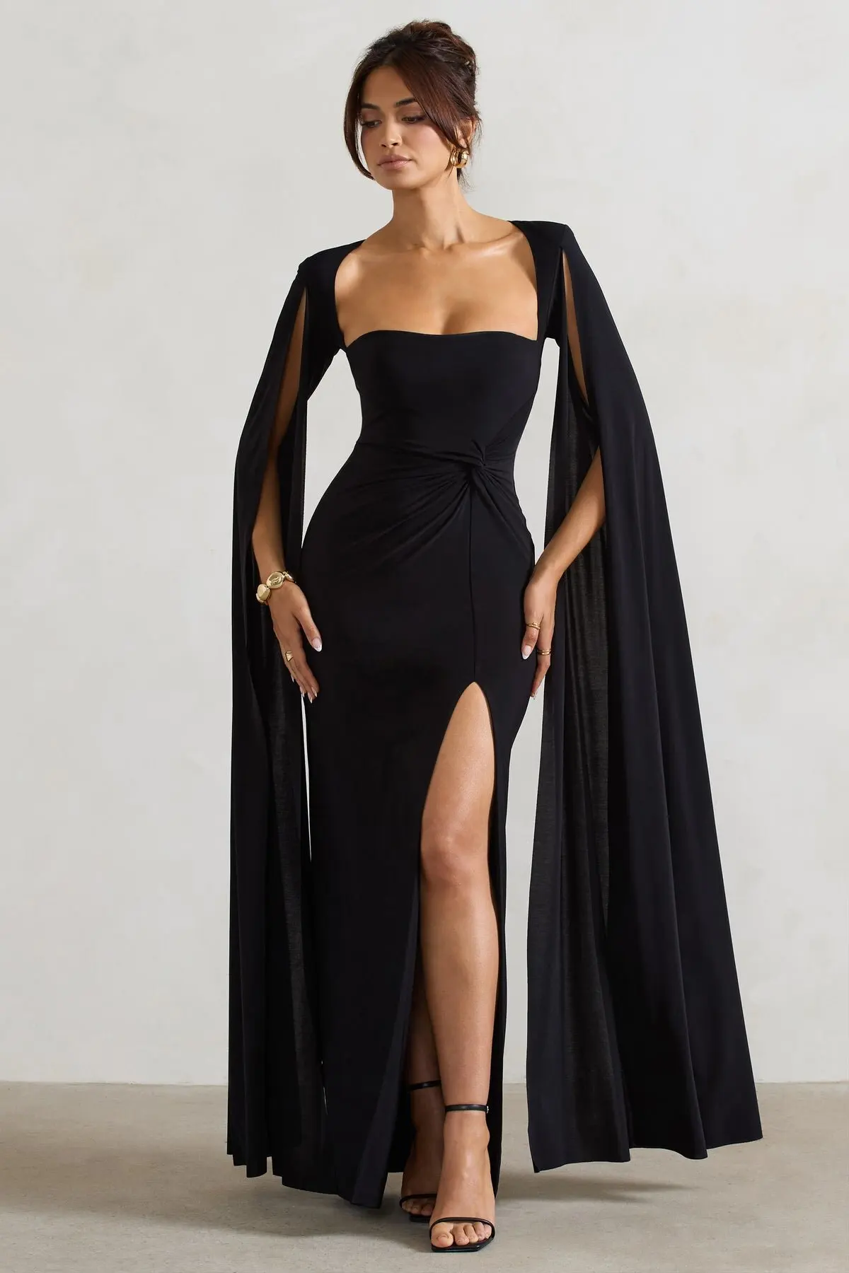 Elegant Bodycon High Slit Long Sleeved Shawl Women Dress Elasticity Tight Sexy Party Club Evening Dress Female Vestido