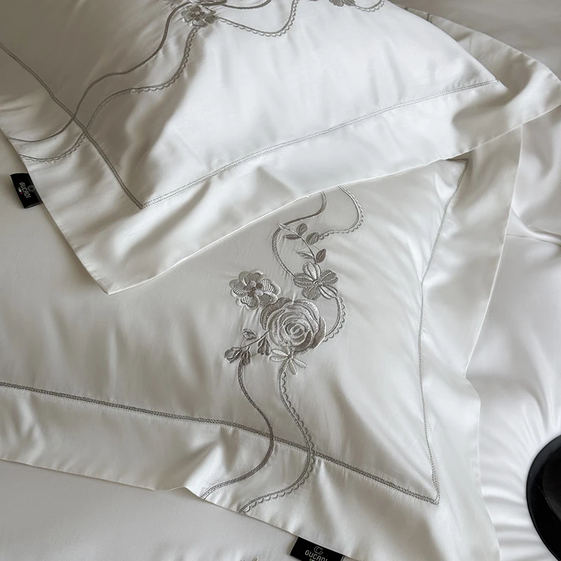 Flowers Embroidery Luxury Bedding Set 800TC Lyocell Cotton Soft Silky Cool Feeling Duvet Cover Flat/Fitted Bed Sheet Pillowcases 5