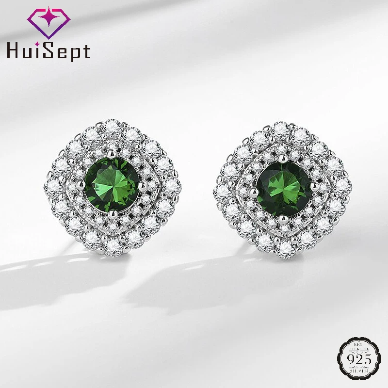 

HuiSept Fashion Stud Earrings with Emerald Zircon 925 Silver Jewelry Accessories for Women Wedding Engagement Party Promise Gift