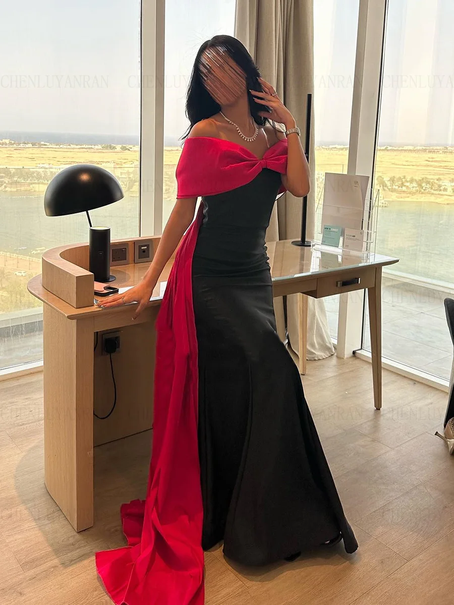 

Satin Long Formal Occasion Dresses 2023 Off-Shoulder Mermaid Ball Gown Black Pink Bow Elegant Evening Party Gowns فساتين الحفلات