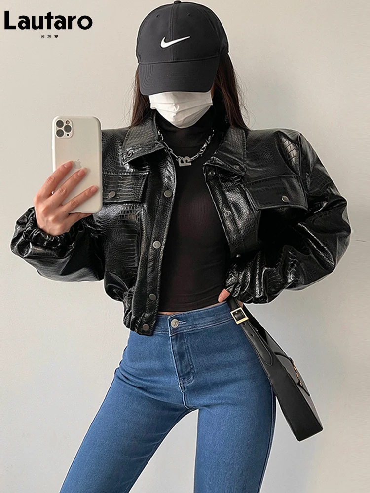 Lautaro-Crocodile Print Faux Leather Jacket for Women, Short, Cool, Oversized, European Fashion Streetwear, Button Up, Spring