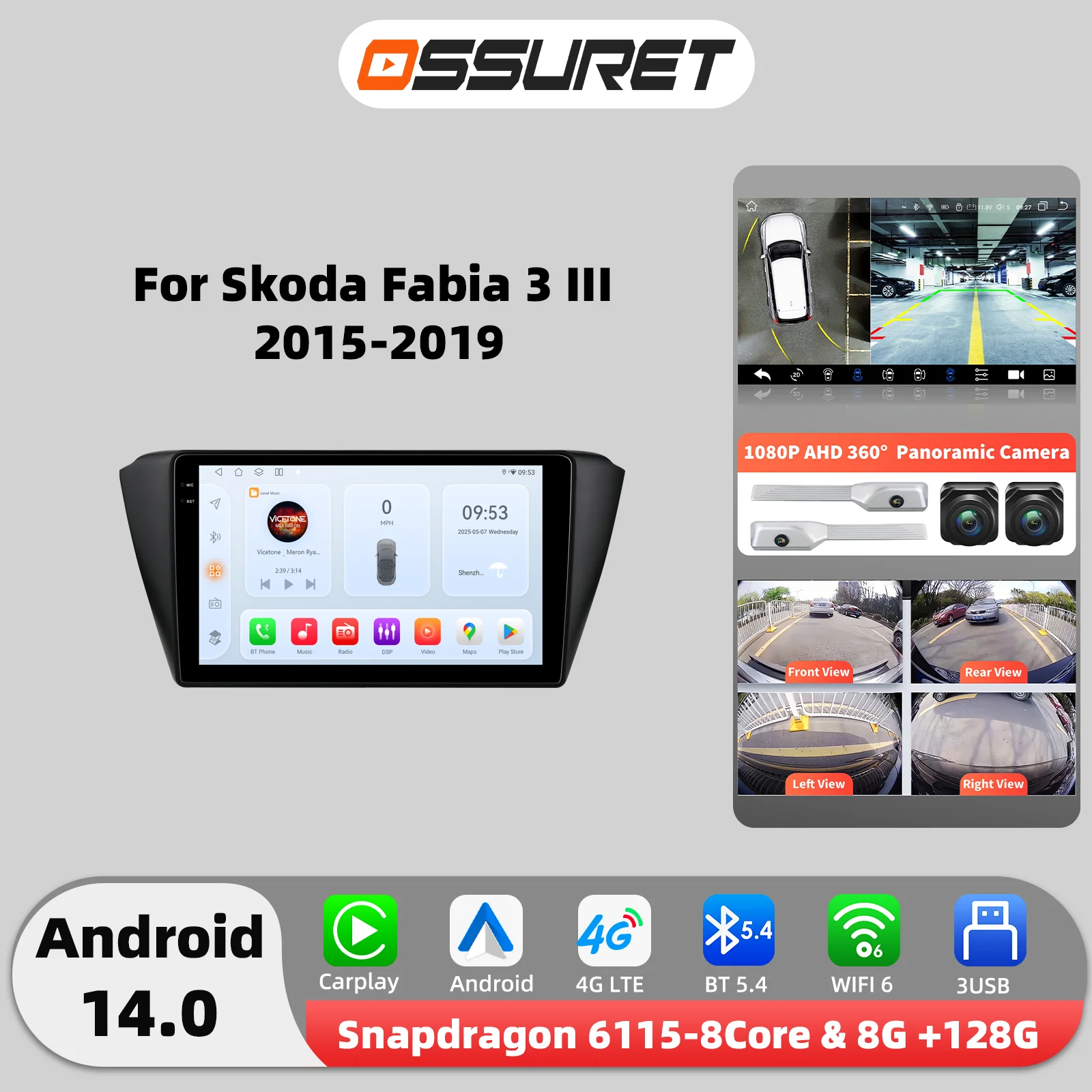 4G Android Auto Car radio GPS Stereo for Skoda Fabia 3 III 2015-2019 Multimedia player 2DIN DSP Carplay 7862 Octa Core Head Unit