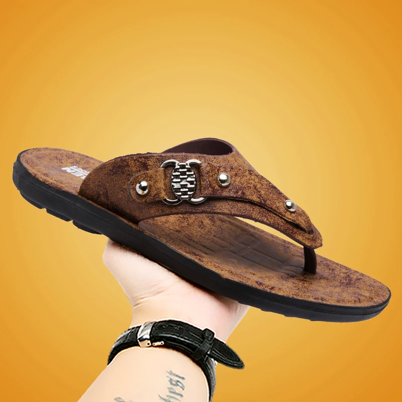 Men Flip Flops Outdoor Fashion PU Leather Flat Sandals Printed Slippers for Men Outdoor Wear