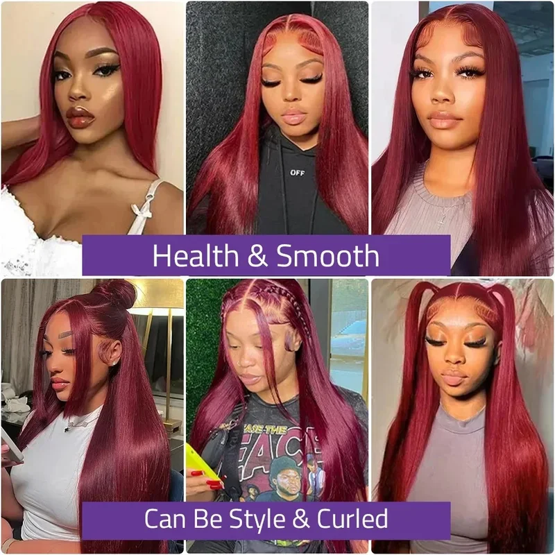 34Inch Burgundy Straight 13x4 Lace Frontal Human Hair Wig 99J Red Transparent Colored 200% Human Hair Wig For Women