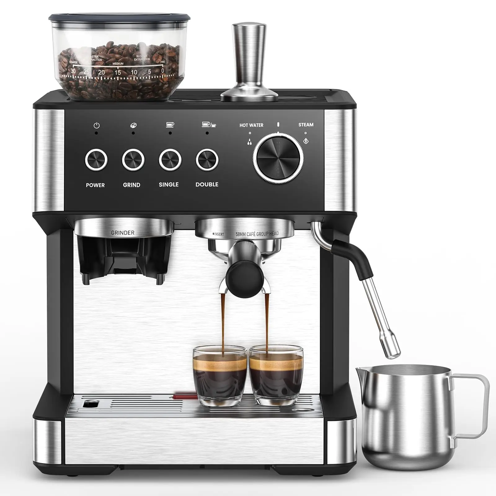 Machine à expresso professionnelle 15 bars avec moulin intégré, porte-filtre 58 mm, 360° °   Buse à vapeur avec réservoir d'eau de 2,3 L pour cappuccino et latte, idéale pour la maison et le bureau, facile à nettoyer 1