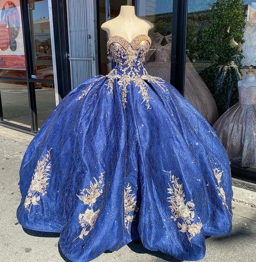 

Royal Blue Princess Quinceanera Dresses Ball Gown Sweetheart Appliques Beaded Sweet 16 Dresses 15 Años Mexican