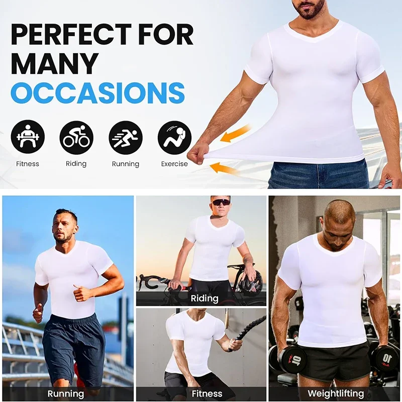Mens Body Shaper Waist Trainer Compression Shirts V-Neck Short Sleeved Slimming Undershirt Workout Abs Abdomen Tight Corset Tops