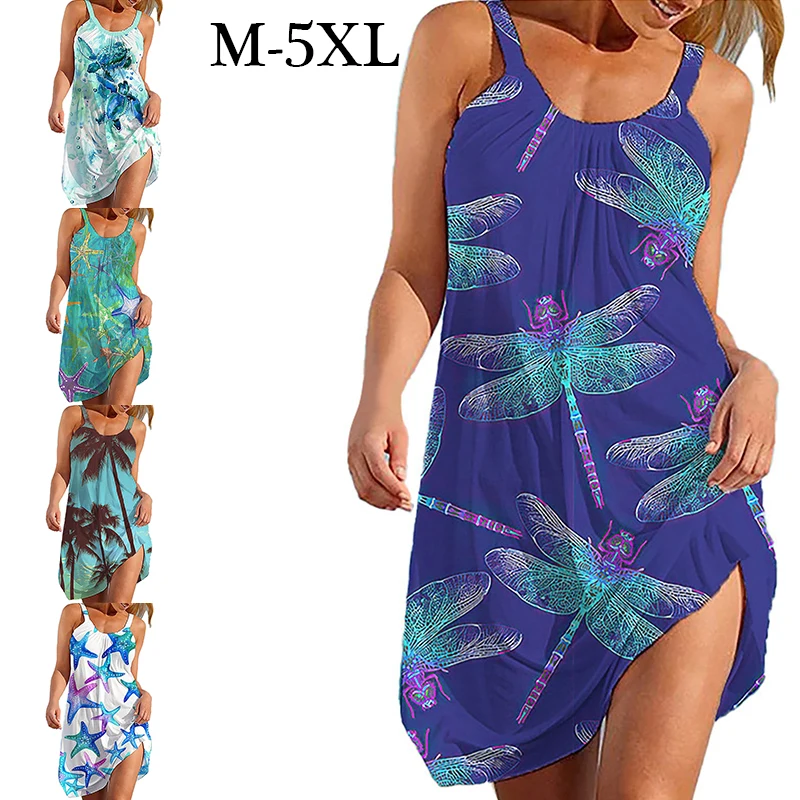 

New Women Printed Sleeveless Dress Summer Sexy Suspender Loose Comfortable Mini Dress Holiday Beach Sundress M-5XL