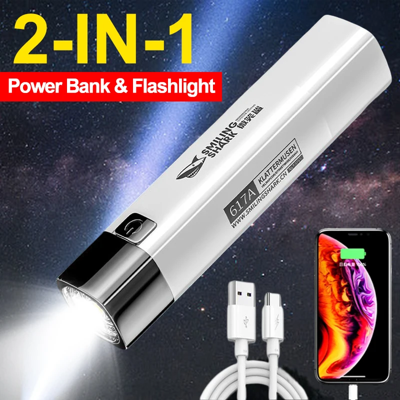 

Mini Portable LED Flashlight USB Rechargeable 2 In 1 Torch Power Bank Strong Lights Long-Range Waterproof Camping Flashlights