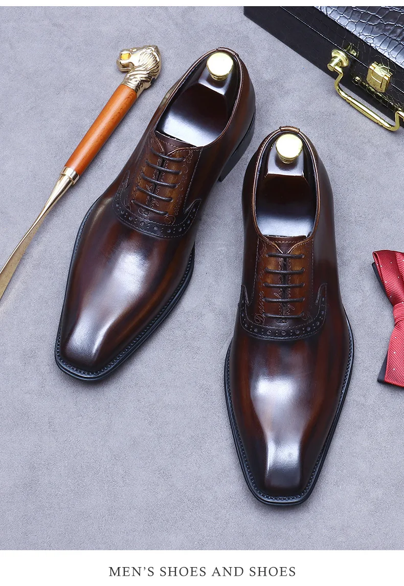 Men's pointy leather shoes, wedding groom, Bullock carved men's shoes, business suit, style Oxford, size 46