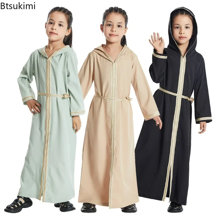 

New 2024 Fashion Casual Girls Kids Muslim Long Dress Islamic Clothing Dubai Abayas Children Eid Ramadan Robe Arab Jilbab Gown