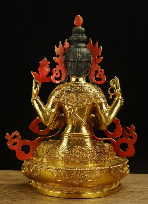 8" Chenrezig Kwan-yin 4 arms guanyin Divinity Buddha Statue pure Bronze gilt & 3