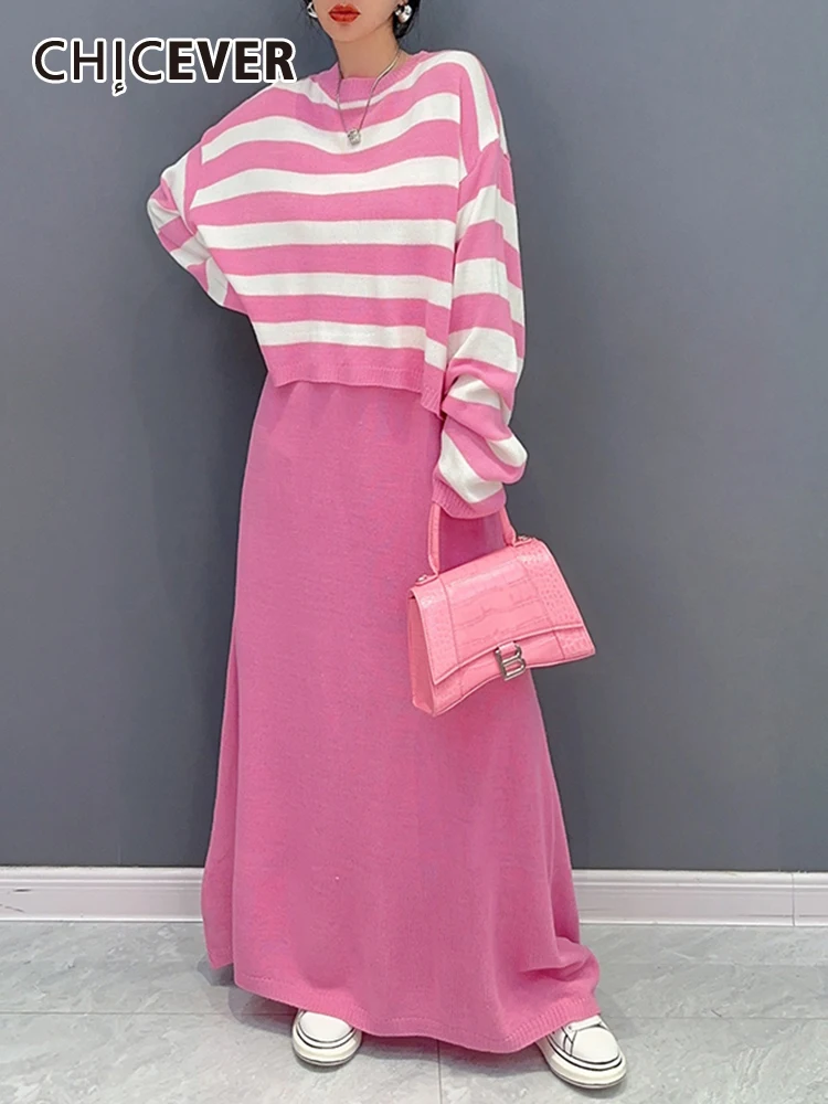 

CHICEVER Korean Two Piece Sets For Women Round Neck Long Sleeve Striped Top Sleeveless High Waist Maxi Dress Casual Set Female