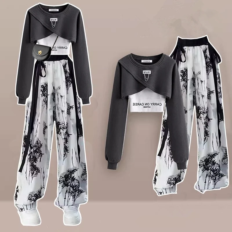 2023 Autumn Women Fashion Crop Sweatshirt Letter Sling Print Pants 1 or 3 Piece Set Lady Cool Streetwear Outfits Tops Trousers 2