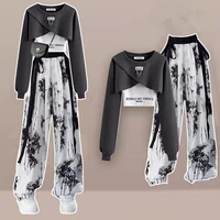 2023 Autumn Women Fashion Crop Sweatshirt Letter Sling Print Pants 1 or 3 Piece Set Lady Cool Streetwear Outfits Tops Trousers 2