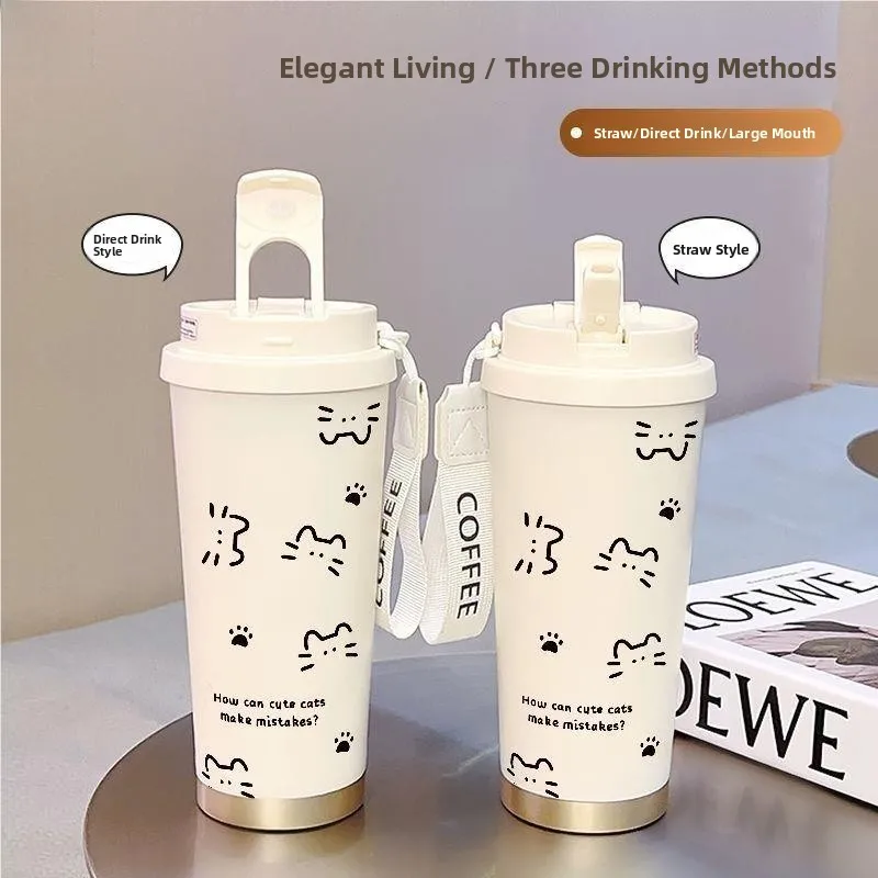 Cute  Design Large Capaci Double-Sided St Thermos Coffee Cup High Aesthetic Value Portable Sports Water Bottle for Women