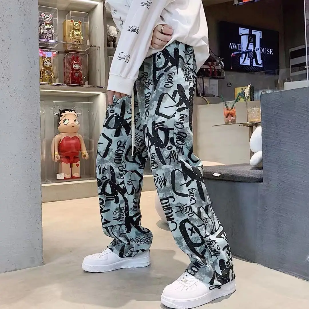 Mens Y2K Streetwear USA Style Graffiti Cargo Pants Men Letter Print Casual Trousers Vintage Straight Long Pants Pantalon Hombre