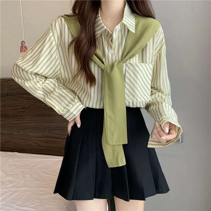 Spring And Summer New Versatile Fake Two-piece Striped Shirt French Design Niche Loose High-end Shawl Top Women's Clothing Trend fashion trend imitation cashmere women s scarf printed elegant chinese style warm commuting and cold resistant shawl clothing