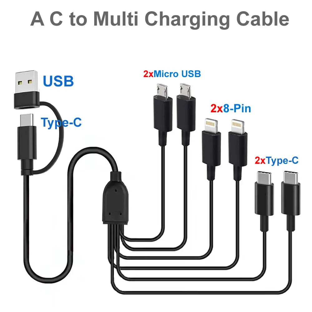 50cm 6-in-1 Universal Multi Charging Cable with USB A/C to 3-in-1 Connectors